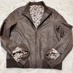 裏地花柄 フェイクレザー ジャケット ライダース ブルゾン Lサイズ ブラウン