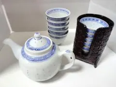 中国　慶徳鎮　蛍焼　訳あり茶器セットと赤絵金彩　湯呑み　5個(籠付)