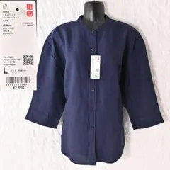 U5 新品 L ユニクロ リネンブレンド バンドカラー 七分袖 麻混