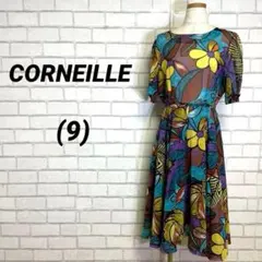 1点物　レトロ　花柄　ロングワンピース　アート　9号　青　緑　春夏　派手柄