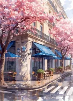 デ*パ様 1644　パリの街角 おしゃれなカフェと満開の花 アートポスター 風景