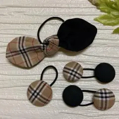 お買い得♡お揃い　チェック柄　うさみみリボン、くるみボタン　ヘアゴム 4個セット