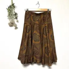 昭和レトロ ペイズリー柄 ヴィンテージ フレアスカート Aライン 膝丈 茶色 Ｌ