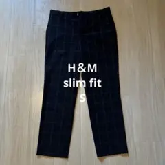 H&M スリムフィット ブラック チェック スラックス Ssize