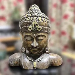 インド土産 仏頭 木彫り インテリア 工芸 置物 - メルカリ