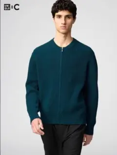 【完売品】UNIQLO:C クルーネックフルジップカーディガン グリーン M