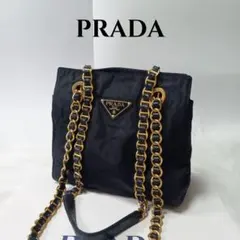 【良品】PRADA プラダ テスート ゴールドチェーン ロゴ ショルダーバッグ