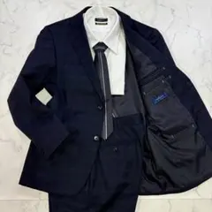 美品 ANGELICO イタリア製生地 メガチェック スーツ ネイビー L相当