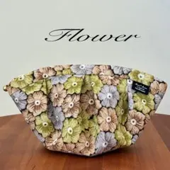 ▼W15.5 ハンドメイドポーチ お花柄モチーフ編み模様 毛糸編み物柄 ギャザー