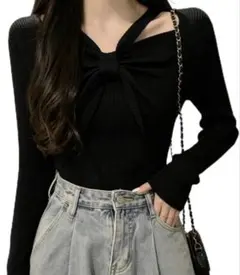 フロントリボンリブニットトップス大人秋服のサムネイル
