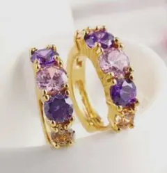 アメジスト ピンクトパーズ リングピアス K18 フープピアス