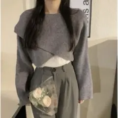 グレー レイヤード 長袖ニット