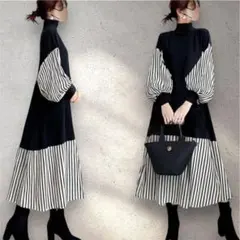 モノトーン　配色　ロングワンピース　マキシ丈　ぽわん袖　長袖　フレア　異素材