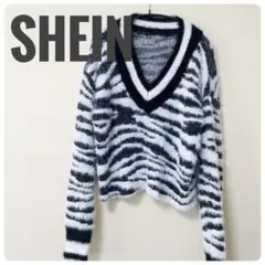 【美品】SHEIN モヘアライク ゼブラ柄 Vネックニット L