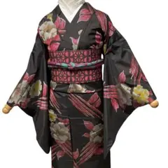 美品 綿絽浴衣 新品レース半幅帯セット 金魚柄 黒地 夏祭り 花火大会