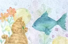 手描きイラスト　ネコとさかな　水彩画　ミニ原画