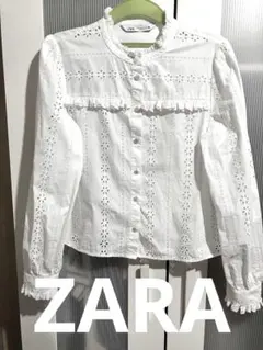 ZARA 長袖 ホワイト コットン 刺繍 ブラウス　M