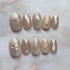 #163 ベージュニュアンスネイル　マグネットネイル　ミラー　シェル　　冬