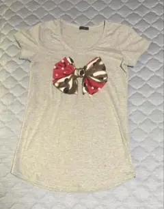 グレー フリルリボン 半袖Tシャツ　 綿100% M