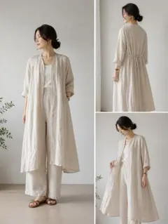 美品 パラスパレス リネンコットンロングカーディガン アイボリー系 サイズ0 美品】パラスパレス ナチュラル コットン 春夏 ロングカーディガン