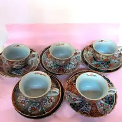 3F 九谷焼 金彩 色絵 梅に鳥 汲出揃 茶器 カップ＆ソーサー 5客セット