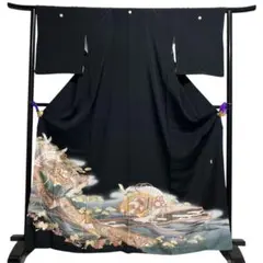 黒留袖　五つ紋　金駒刺繍　金彩　銀彩　鶴　水引　着物　113b p ms
