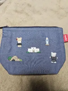 新品未使用】ファミリアメッシュポーチ ダークグリーン クマ刺繍 青