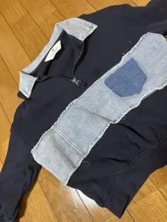 H&M ネイビー デニム パッチワーク ポロシャツ