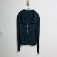 襟付き リブニット カーディガン 緑　貝ボタン クロップド丈　Eterno