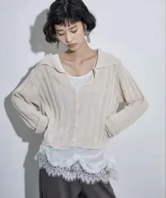 値下げ★THE YOn シアーストライプジャガードニットポロカーディガン