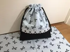 給食袋＆ランチョンマット リボン柄　ブルー① ハンドメイド　ラスト1点