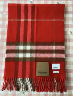 【極美品】BURBERRY カシミヤ マフラー レッド系 チェック柄