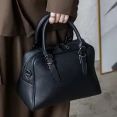 2way ハンドバッグ ブラック シボ加工　ミニボストンバッグ ショルダーバッグ