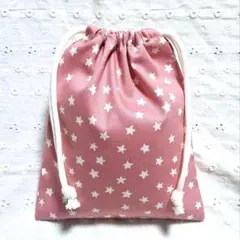 ハンドメイド、星柄の給食袋、巾着袋、コップ入れ、ピンク