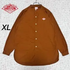『DANTON』 バンドカラーシャツ　刺繍ロゴ　フランネル　ブラウン　【XL】
