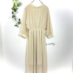 美品 ドット柄 ロングワンピース シフォン 薄橙 Ｍ ベージュ フェミニン