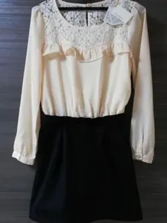 新品◇PAGEBOY(ページボーイ)★身頃レース 切替え長袖ドッキングワンピース