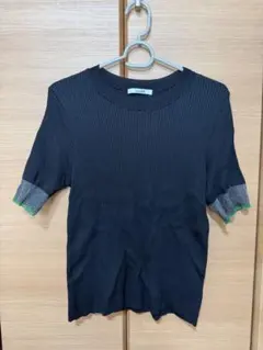 リブ編み 半袖トップス L 黒のサムネイル