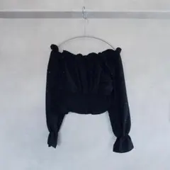 ラインストーン付き オフショルカットソー ブラウス 黒 ブラック 長袖