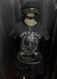 スカルデザイン ラインストーンTシャツ ブラック系