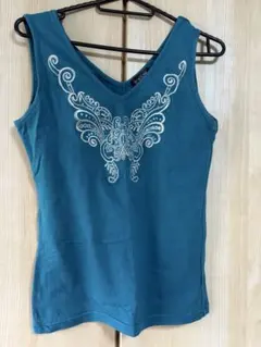刺繍入り青タンクトップ Lサイズ