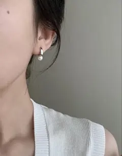 パール付きシルバーフープピアス 華奢 上品 フォーマル キラキラ 重ね付け