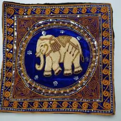 未使用 象紋 串珠刺繡 靠墊套 約41.5cm 海外購入