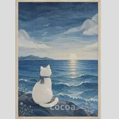 ポスター ファブリック風ポスター 猫と海 刺繍風