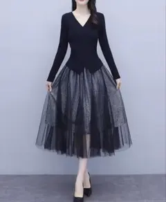 【新品】ニットトップスと黒のチュールスカートセットアップ結婚式冬