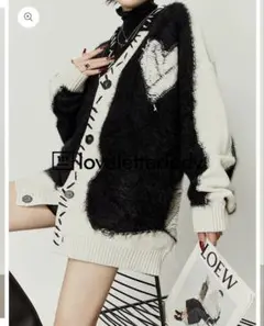 【AURORA boutique】モノクロＶネックハーティーニット