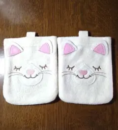 ねこ猫の顔フリースポーチ カイロ入れ 2個セットまとめ売りホワイト