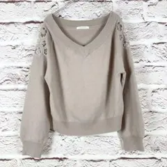 r450 ARCHIVES ベージュ Vネックニット 花柄刺繍 長袖 M