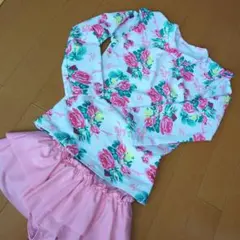 女の子　水着＆ラッシュガード　ピンク　花柄　140cm　フリル　セパレート