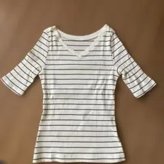 AZULBYMOUSSYストライプ Vネック 五分袖 Tシャツ